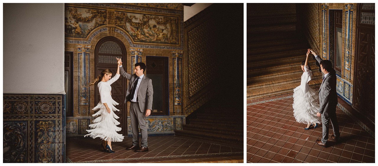 Pareja de novios bailando en Plaza de España - Sevilla